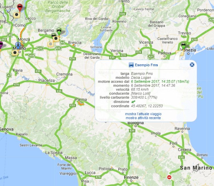 mappa centro nord italia con posizione corrente veicolo